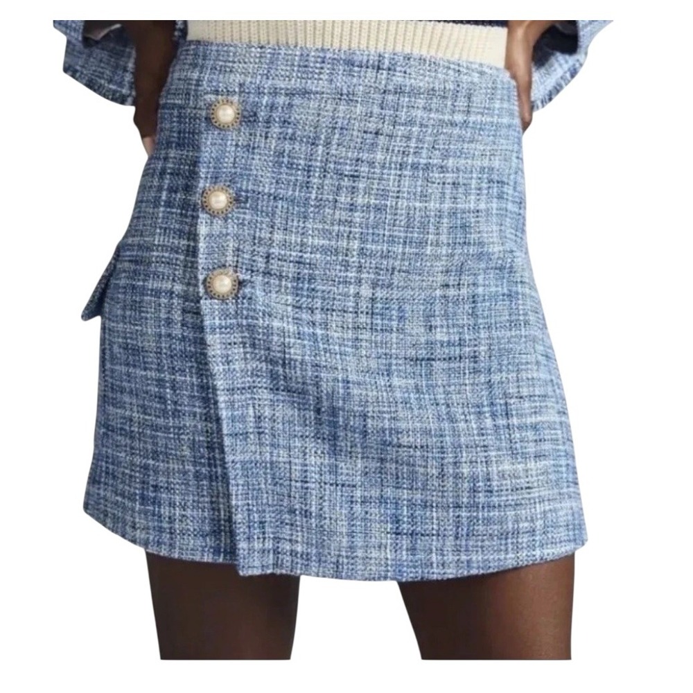 Maeve by Anthropologie Blue Tweed Button Front Mini Skirt Women's Size 14